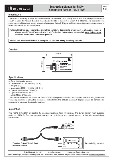 FrSky VARI ADV Variometer Sensor User Manual - cover page