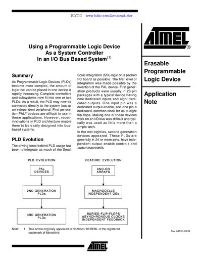 Atmel ATV750 Application Note: Using a PLD as a System Controller in an I/O Bus Based System - cover page