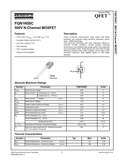 Fairchild FQN1N50C 500V N-Channel MOSFET Datasheet - cover page