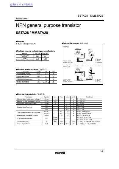 ROHM SSTA28 / MMSTA28 NPN General Purpose Transistor Datasheet - cover page