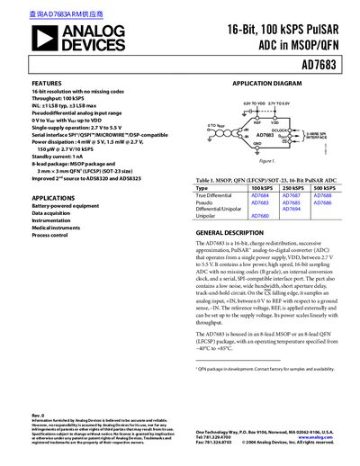ANALOG DEVICES AD7683 16-Bit 100 kSPS PulSAR ADC in MSOP/QFN handbook
