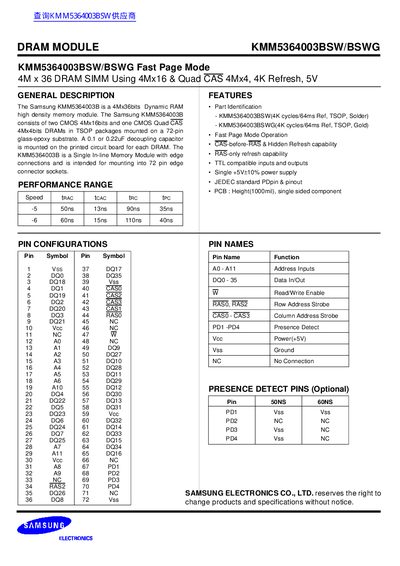 Samsung KMM5364003BSW/BSWG DRAM Module Datasheet - cover page