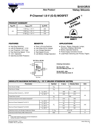 VISHAY New Product Vishay Siliconix Document Number: 71167 S-02464 Rev. A 25-Oct-00 vishay.com 1 P-Channel 1.8-V (G-S) MOSFET - cover page