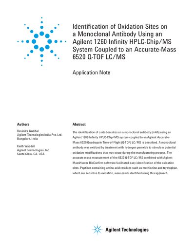 Agilent 1260 Infinity and 6520 Q-TOF LC/MS Application Note: Identification of Oxidation Sites on a Monoclonal Antibody - cover page
