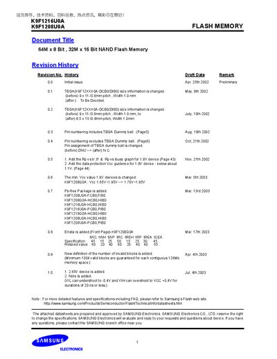 Samsung K9F1216U0A / K9F1208U0A Flash Memory Datasheet - cover page