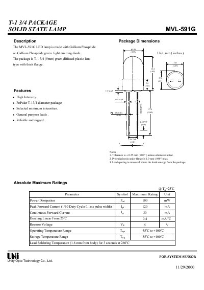 Unity Opto MVL-591G T-1 3/4 Green LED Lamp Datasheet - cover page