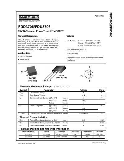 Fairchild FDD3706/FDU3706 20V N-Channel MOSFET Datasheet - cover page