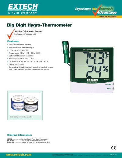 Extech 445715 BigDigit Remote Probe Hygro-Thermometer Product Leaflet - cover page