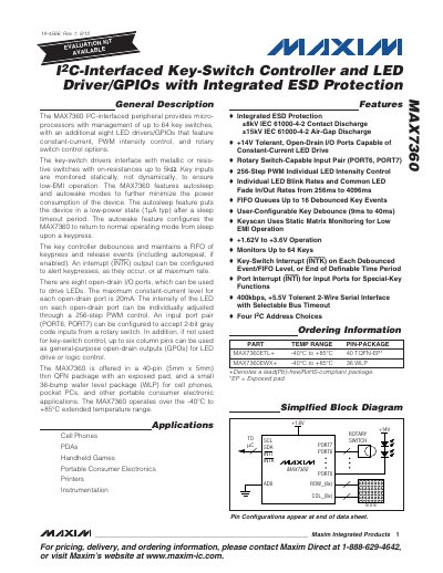 Maxim Integrated MAX7360 I2C Key‑Switch Controller and LED Driver/GPIO Datasheet - cover page