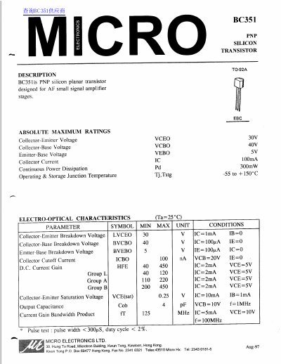 Micro BC351 Transistor Datasheet - cover page