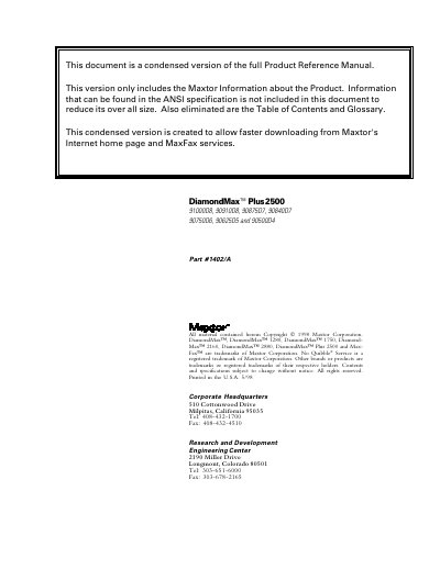 Maxtor DiamondMax Plus 2500 AT Hard Disk Drive Technical Reference Manual - cover page