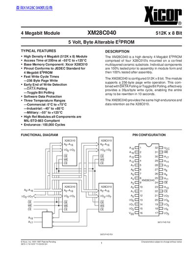 Xicor XM28C040 4 Megabit E2PROM Module Datasheet - cover page
