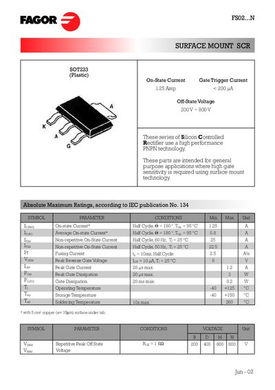 Fagor FS02...N Surface Mount SCR Datasheet - cover page