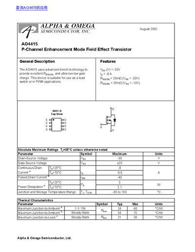 Alpha & Omega AO4415 P-Channel Enhancement Mode Field Effect Transistor Datasheet - cover page