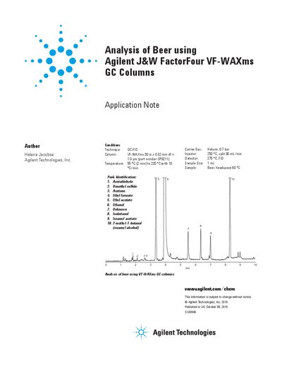 Agilent J&W FactorFour VF-WAXms GC Columns Application Note for Beer Analysis - cover page