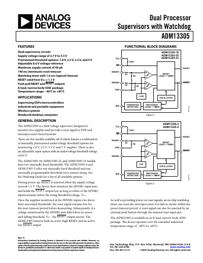 Analog Devices ADM13305 Dual Processor Supervisor Datasheet - cover page