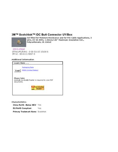3M Scotchlok IDC Butt Connector UY/Box Product Data Sheet - cover page