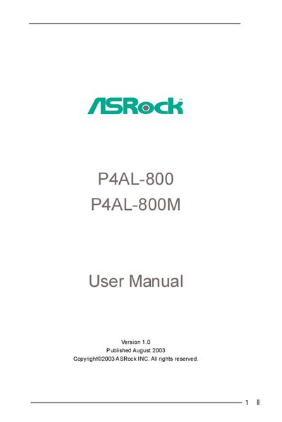 ASRock P4AL-800 / P4AL-800M Motherboard User Manual - cover page