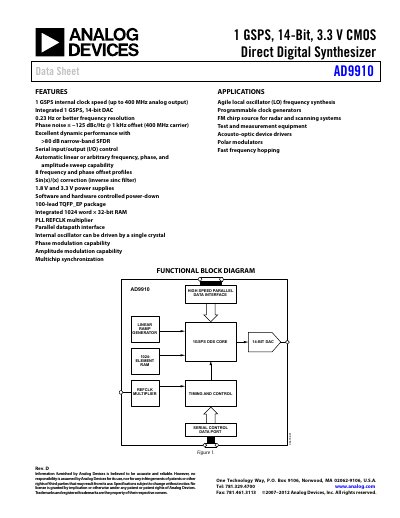 Analog Devices AD9910 Direct Digital Synthesizer Data Sheet - cover page