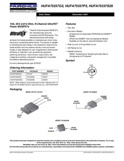FAIRCHILD HUFA75337G3 HUFA75337P3 HUFA75337S3S Data Sheet - cover page