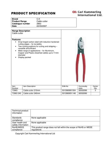 Carl Kammerling T3963 Cable Cutter Product Specification - cover page