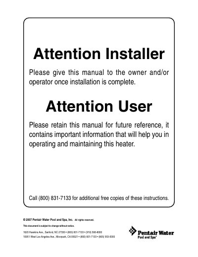 Pentair MiniMax 75 & 100 Aboveground Pool & Spa Heaters Operation & Installation Manual - cover page