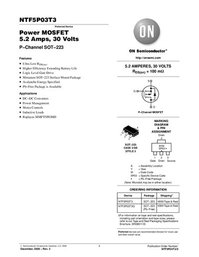 ON Semiconductor NTF5P03T3 P‑Channel MOSFET Datasheet - cover page