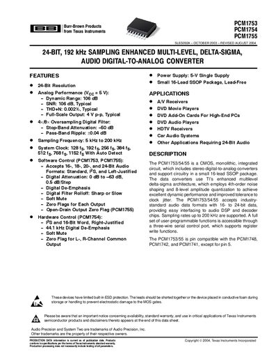 TEXAS INSTRUMENTS PCM1753 PCM1754 PCM1755 24-BIT 192 kHz SAMPLING ENHANCED MULTI-LEVEL DELTA-SIGMA AUDIO DIGITAL-TO-ANALOG CONVERTER Manual - cover page