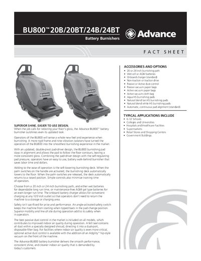 Advance BU800 Battery Burnisher Fact Sheet - cover page