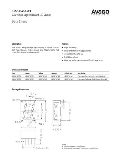 AVAGO TECHNOLOGIES HDSP-C5x1/C5x3 0.52 Single Digit PCB Based LED Display Data Sheet Manual - cover page