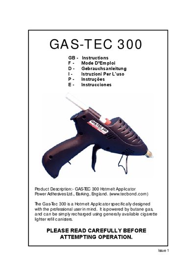 Power Adhesives GAS-TEC 300 Hotmelt Applicator User Manual - cover page