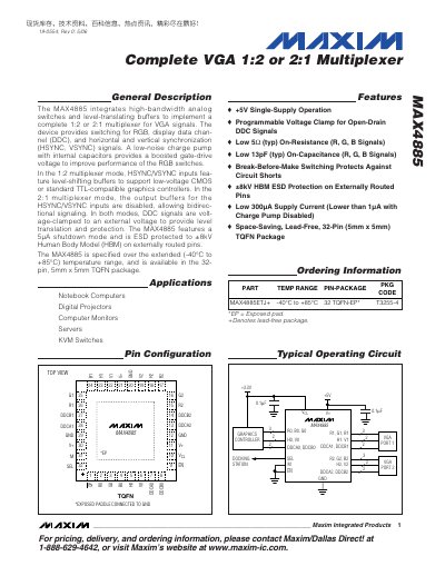 Maxim MAX4885 VGA 1:2 or 2:1 Multiplexer Datasheet - cover page