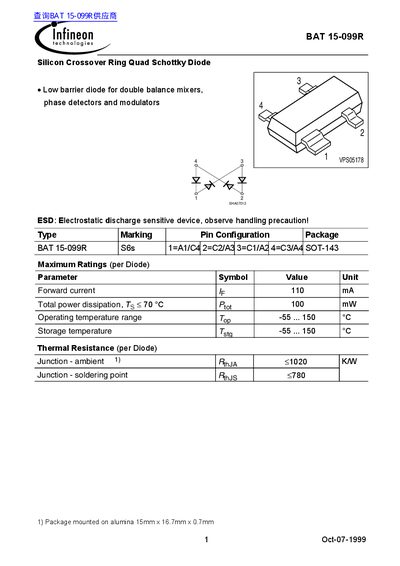 Infineon BAT 15-099R Silicon Crossover Ring Quad Schottky Diode Datasheet