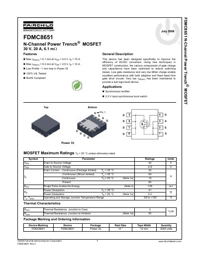 Fairchild Semiconductor FDMC8651 N-Channel Power Trench MOSFET Datasheet - cover page