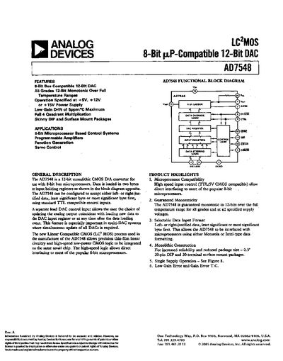 Analog Devices AD7548 12‑Bit DAC Datasheet - cover page