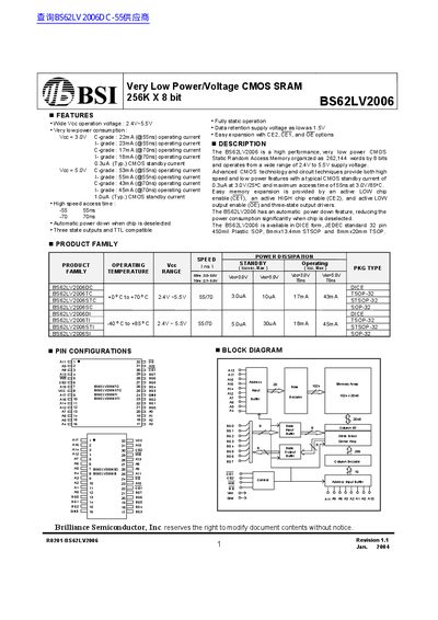 Brilliance Semiconductor BS62LV2006 Datasheet - cover page
