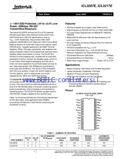 Intersil ICL3207E ICL3217E RS-232 Transceiver Datasheet - cover page