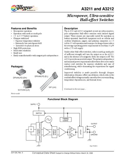 Allegro A3211/A3212 Micropower Ultra-sensitive Hall-effect Switches Datasheet - cover page