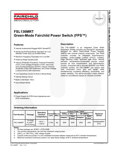 Fairchild Semiconductor FSL136MRT Green-Mode Fairchild Power Switch Datasheet - cover page