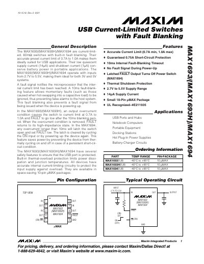 Maxim MAX1693/MAX1693H/MAX1694 USB Current-Limited Switches with Fault Blanking Datasheet - cover page