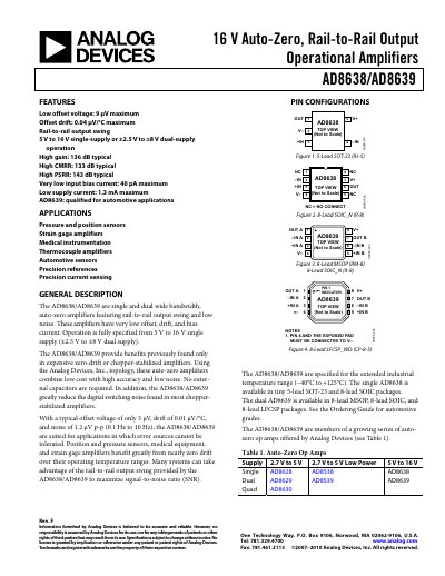 Analog Devices AD8638/AD8639 Auto-Zero Operational Amplifiers Datasheet