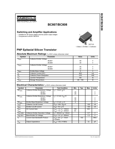 Fairchild BC807/BC808 PNP Epitaxial Silicon Transistor Datasheet