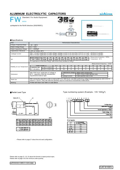 Nichicon FW Series Aluminum Electrolytic Capacitor Datasheet - cover page