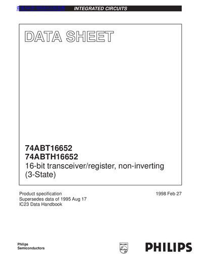 PHILIPS 74ABT16652 74ABTH16652 16-bit transceiver/register non-inverting (3-State) handbook - cover page