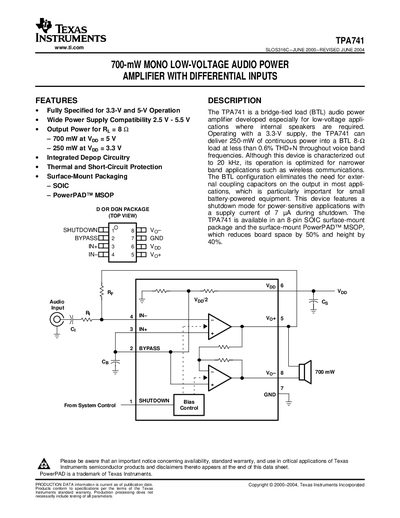 TEXAS INSTRUMENTS TPA741 700-mW MONO LOW-VOLTAGE AUDIO POWER AMPLIFIER WITH DIFFERENTIAL INPUTS handbook