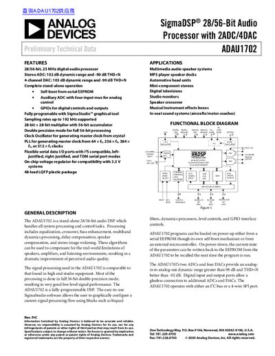 ANALOG DEVICES ADAU1702 SigmaDSP 28/56-Bit Audio Processor with 2ADC/4DAC handbook