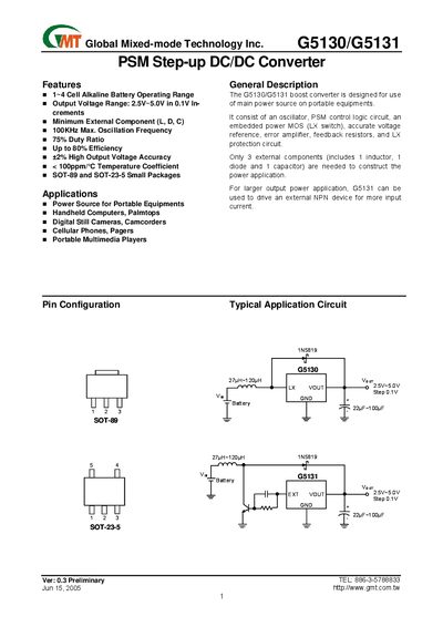 Global Mixed-mode Technology G5130/G5131 Step-up DC/DC Converter Datasheet - cover page
