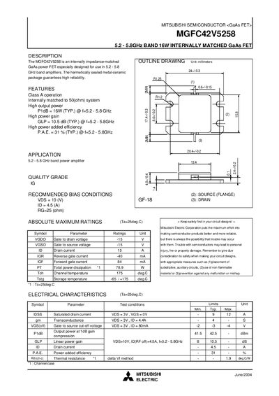 Mitsubishi MGFC42V5258 GaAs FET Datasheet - cover page