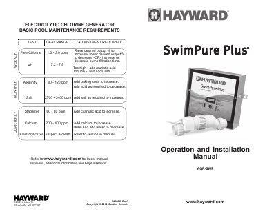 Hayward AQR-SWP SwimPure Plus Chlorine Generator Operation and Installation Manual - cover page