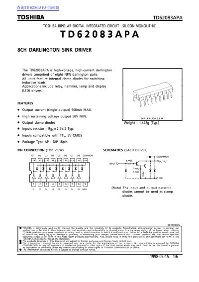 Toshiba TD62083APA 8-Channel Darlington Sink Driver Datasheet - cover page